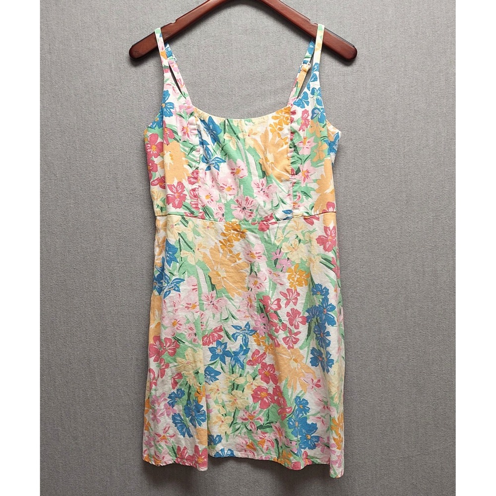 Womens L‎ Floral Sundress Linen Blend Smocked Cottagecore Pockets Vacation Beach